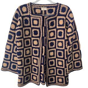 Vintage 70s Handmade Crochet Granny Square Open Front Cardigan Jacket OS SEE